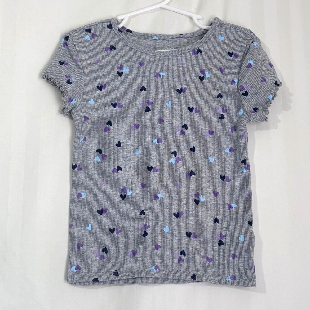 Wonder Nation Little Girls Gray Ribbed Short Sleeve Heart Print T-Shirt Size 6